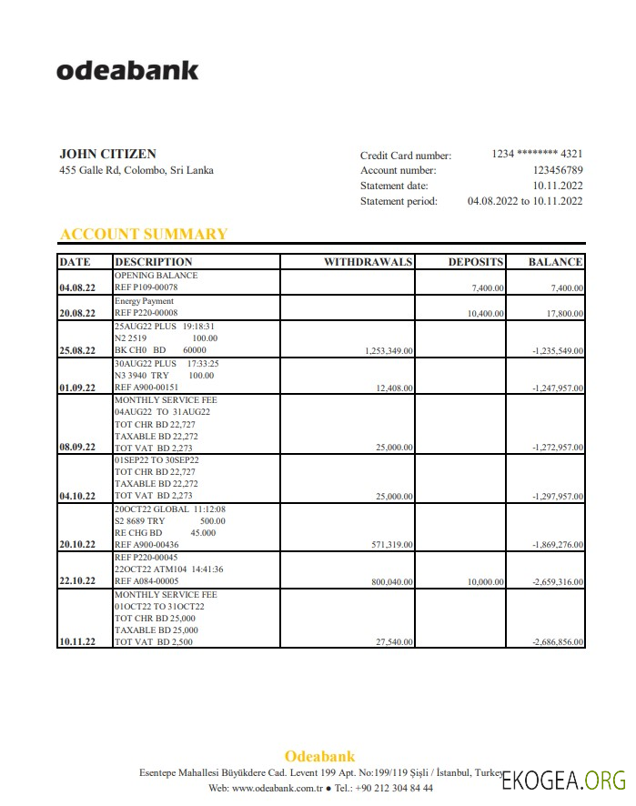 Relevé bancaire Turquie Odeabank xls